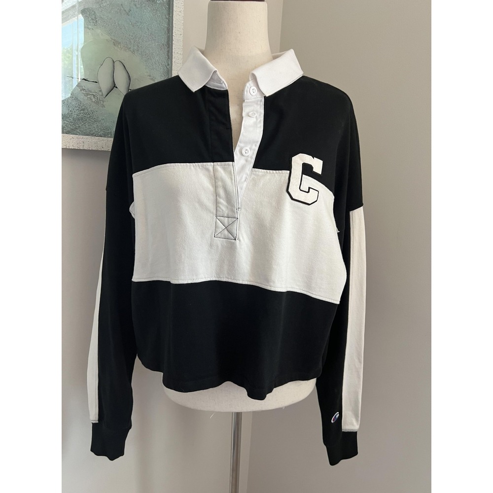 Champion Top Womens Large Black White Colorblock Rugby Polo Long Sleeve Cropped